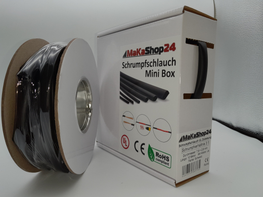 Spenderbox  7,9 > 2,6 mm    Lnge: 8 Meter - Mini Box Schrumpfschlauch schwarz 3:1 mit Kleber