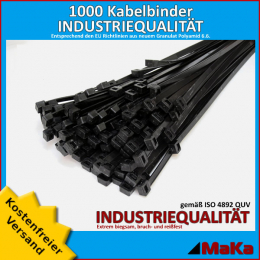 1000 Stck = 10 VPE -Kabelbinder - 290 x 7,6 mm INDUSTRIEQUALITT schwarz